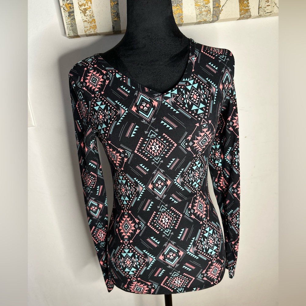 No Boundaries Black Geometric Aztec Print Long Sleeve Top